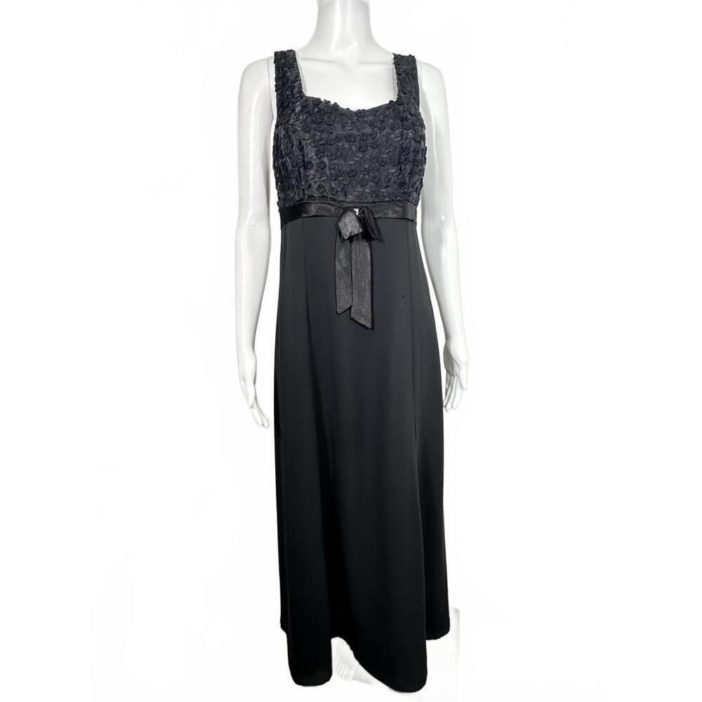 VTG 90s Victory Black Whimsigoth Gown L Textured Rosette Bodice Satin Bow Dress